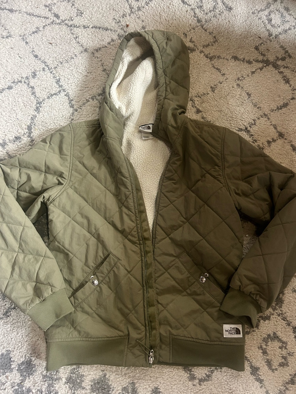 The North Face Olive Quilted Bomber Jacket with Sherpa Hood